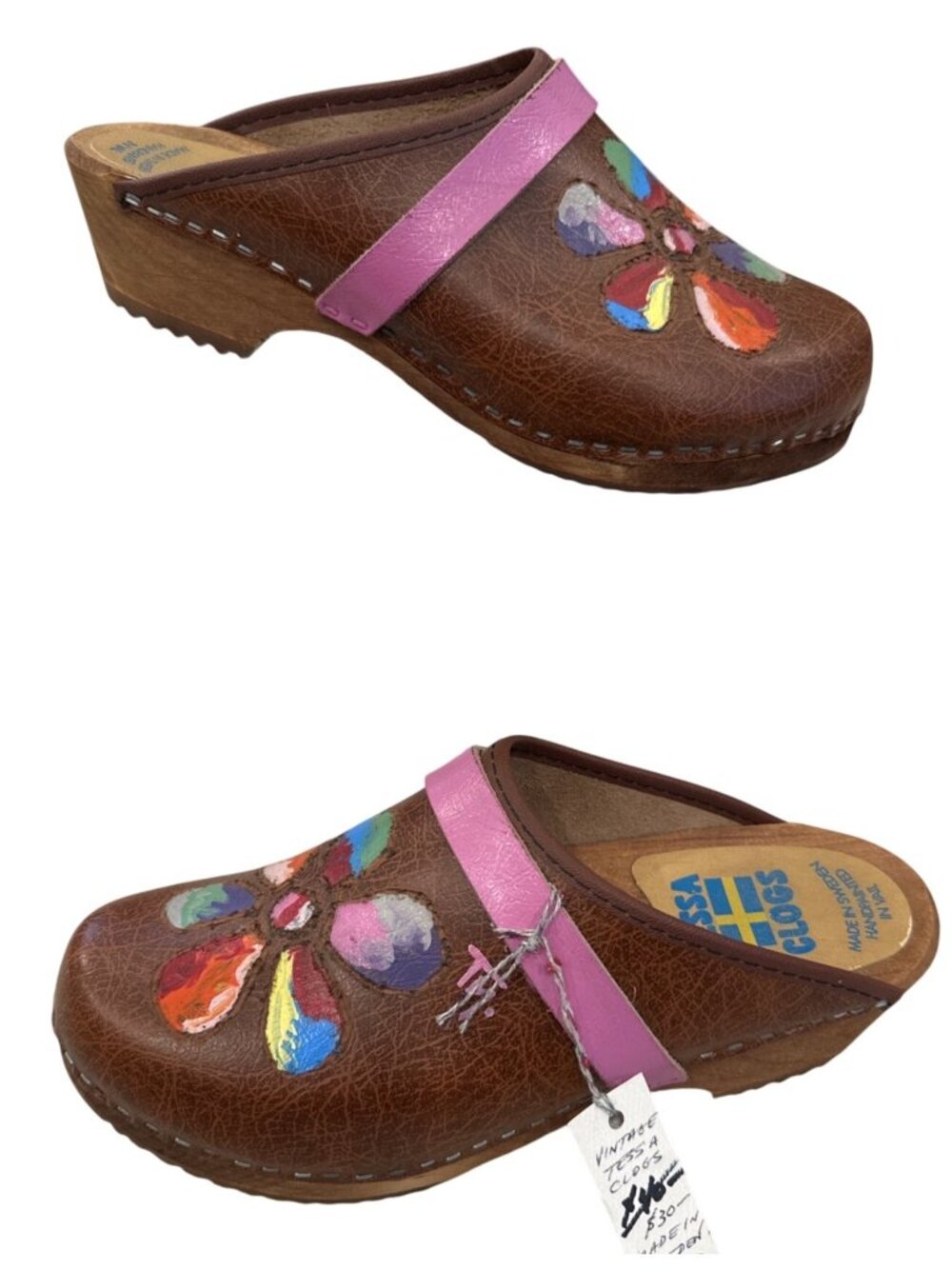 VTG Swedish Tessa Clogs Brown Leather Hand painted pink floral Size 8 / 40